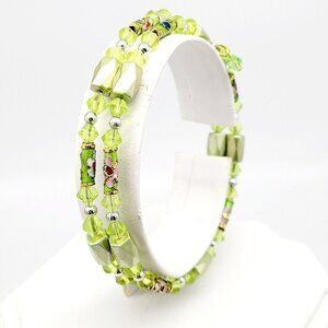 Artisan Double Wrap Memory Wire Bracelet Green Cloisonne Glass Acrylic Beads